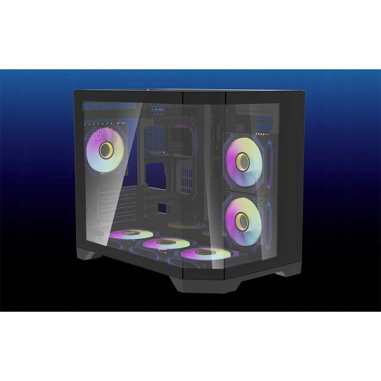 Кутия за компютър Aigo MATX FT418, 6 x 120 mm ARGB fans, Transparent side panel, Black