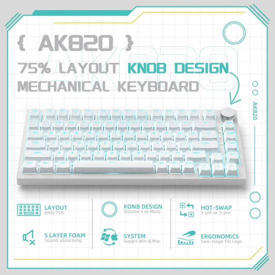 Клавиатура Ajazz Gaming Mechanical Keyboard AK820 - Blue Switches [Tactile] (English US), White, Blue Light