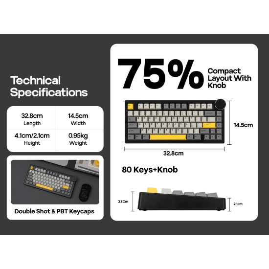 Клавиатура Ajazz Gaming Mechanical Keyboard AK820 V2 - Arctic Isle Magnetic Switch [Linear] (English US), Black, Gray, Yellow