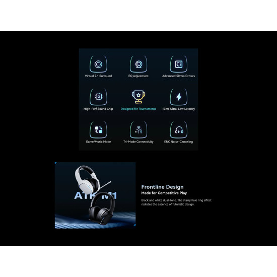Безжични слушалки ATK Wireless Gaming Headphones - M1 Mercury Black - Bluetooth 5.3, 2.4G, ENC, Virtual 7.1 Surround