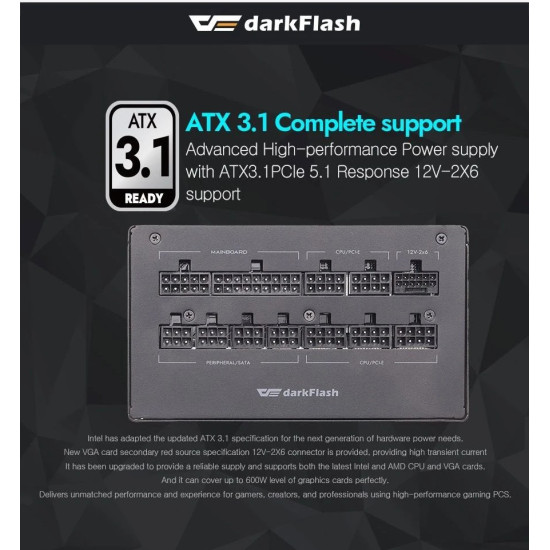 Захранване DarkFlash ATX-31 1050W Gold, Full Modular, PCIe 5.1, PMT1050-A3