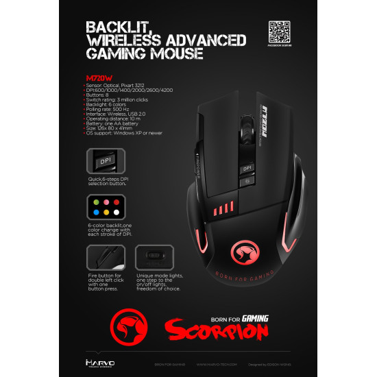Безжична мишка Marvo Gaming Mouse WIRELESS M720W - 4800dpi, 500Hz - MARVO-M720W