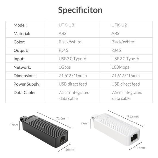 Адаптер Orico USB3.0 to LAN Gigabit 1000Mbps black - UTK-U3