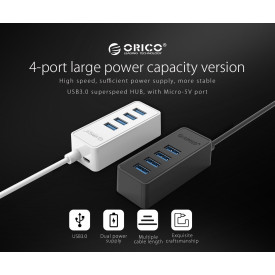 USB хъб Orico USB3.0 HUB 4 port - USB/Micro USB input, Black - W5P-U3-030
