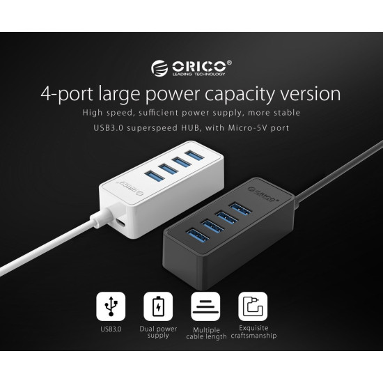 USB хъб Orico USB3.0 HUB 4 port - USB/Micro USB input, Black - W5P-U3-030
