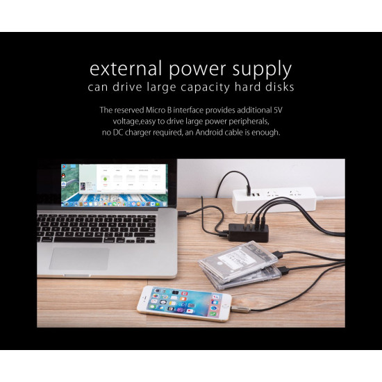 USB хъб Orico USB3.0 HUB 4 port - USB/Micro USB input, Black - W5P-U3-030