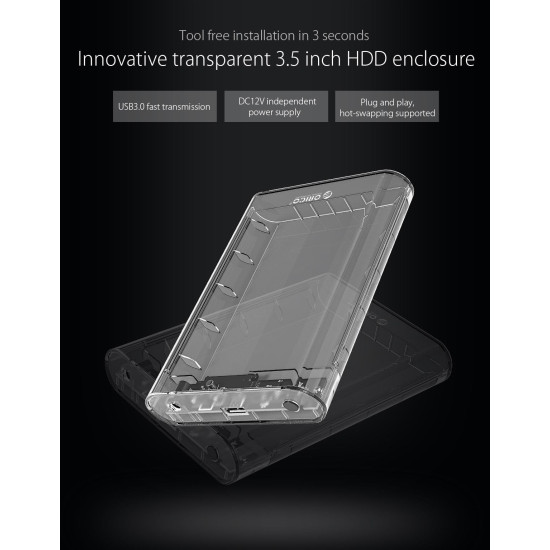 Кутия за диск Orico Storage - Case - 3.5 inch USB3.0 transparent - 3139U3