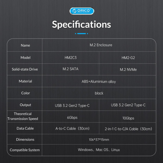 Външна кутия за диск Orico Storage - Case - M.2 NVMe M key - USB3.1 Gen2 Type-C, 10Gbps - HM2-G2-BK