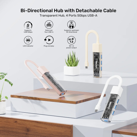 USB хъб Unitek USB-C/USB-A 3.0 HUB 4 port, Bi-Directional, Detachable Cable, White - H1319AWH01