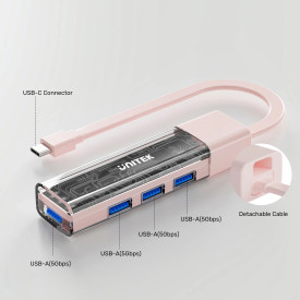USB хъб Unitek USB-C/USB-A 3.0 HUB 4 port, Bi-Directional, Detachable Cable, White - H1319AWH01