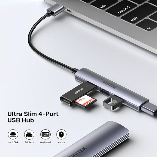USB хъб Unitek USB3.0/2.0 HUB, 4 порта, uHUB Q4, USB-A вход, USB3.0 x 1, USB2.0 x 3, H1208A