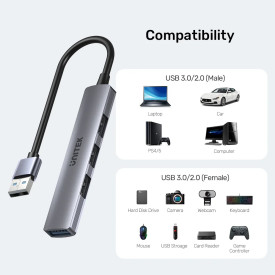 USB хъб Unitek USB3.0/2.0 HUB, 4 порта, uHUB Q4, USB-A вход, USB3.0 x 1, USB2.0 x 3, H1208A