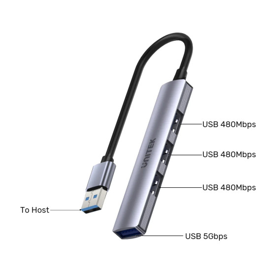 USB хъб Unitek USB3.0/2.0 HUB, 4 порта, uHUB Q4, USB-A вход, USB3.0 x 1, USB2.0 x 3, H1208A