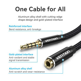 Аудио кабел Vention Cotton Braided TRRS 3.5mm Male to 3.5mm F - 0.5m - Gold plated, Aluminum alloy - BHCBD