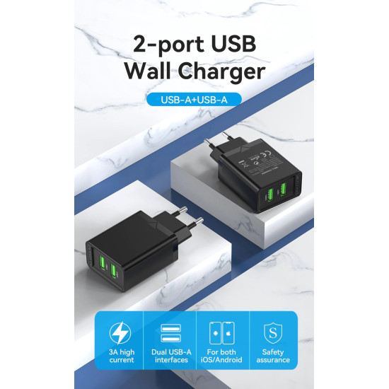 Зарядно Vention Fast Charger 2 x QC3.0 18W Black - FBAB0