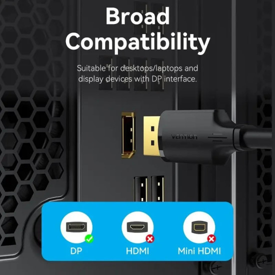 Display Port кабел Vention Cable - Display Port v1.2 DP M / M Black 4K 1M - HAKBF