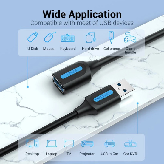 USB кабел Vention USB 3.0 Extension AM / AF - 1.0M Black - CBHBF