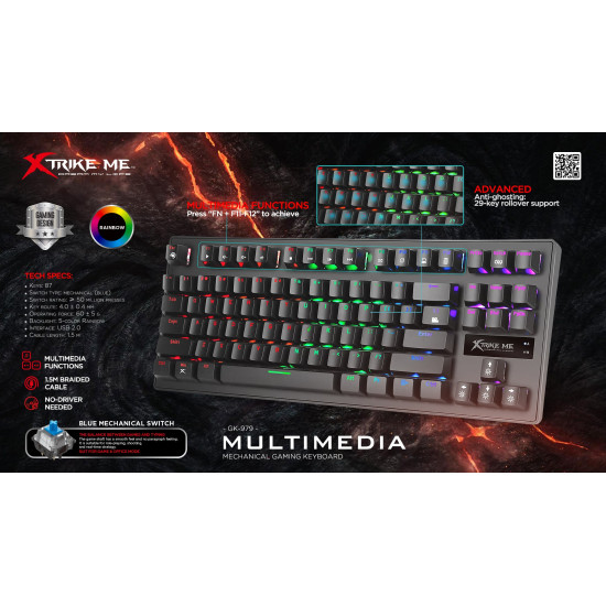 Клавиатура Xtrike ME Gaming Keyboard Mechanical 87 keys GK-979 - Blue switches, Rainbow backlight