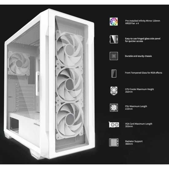 Кутия за компютър Zalman Case ATX - I3 NEO TG White - aRGB, Tempered Glass