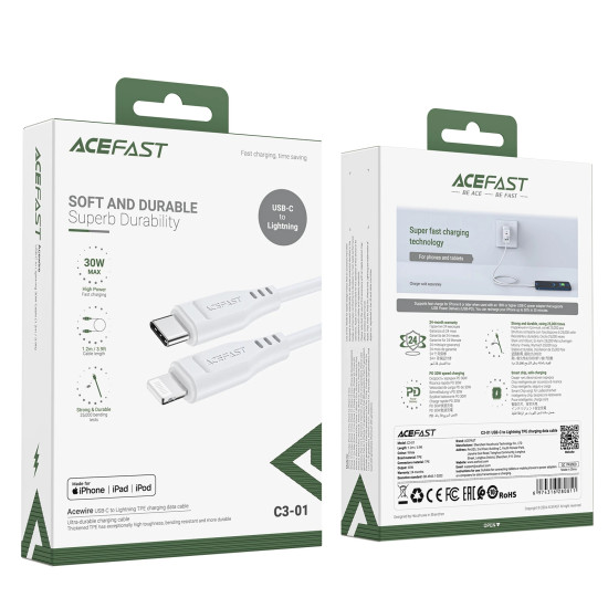 USB кабел Acefast USB-C to Lightning 30W 1.20m MFI Certified TPE - C3-01 - White