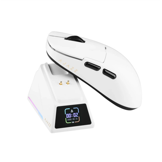 Безжична мишка Ajazz AJ159 APEX - Wireless Gaming Mouse - 8K, Magnetic Charging Dock, White