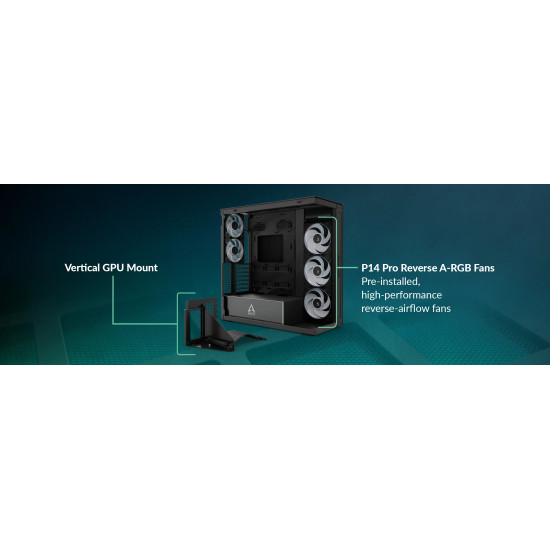 Кутия за компютър ARCTIC Xtender VG, E-ATX, Mid-Tower, Dual Chamber, 5 ARGB, Mirror Black