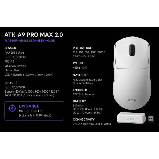Безжична мишка ATK Wireless Gaming Mouse A9 Pro Max 2.0 Tri-mode Nearlink - 8K, Black