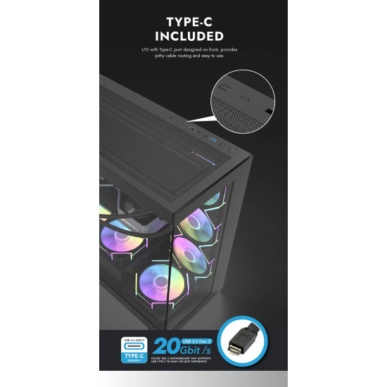 Кутия за компютър DarkFlash DS900 Black, ATX, 7 x 120mm ARGB Fans included, USB-C