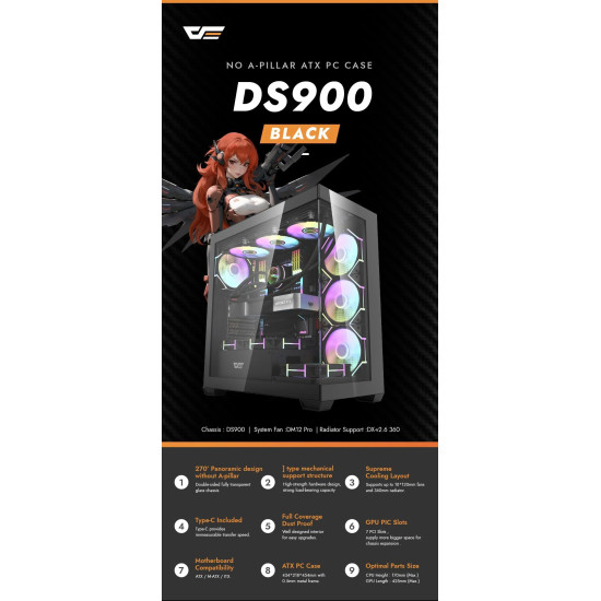 Кутия за компютър DarkFlash DS900 Black, ATX, 7 x 120mm ARGB Fans included, USB-C