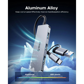 USB хъб Orico HUB USB-C/A 4 port - USB3.0 x 1, SD/TF x 2, USB2.0 x 2, USB-C x 2, Aluminium - YSA6-U3-GY