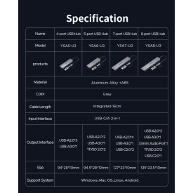 USB хъб Orico HUB USB-C/A 4 port - USB3.0 x 1, SD/TF x 2, USB2.0 x 2, USB-C x 2, Aluminium - YSA6-U3-GY