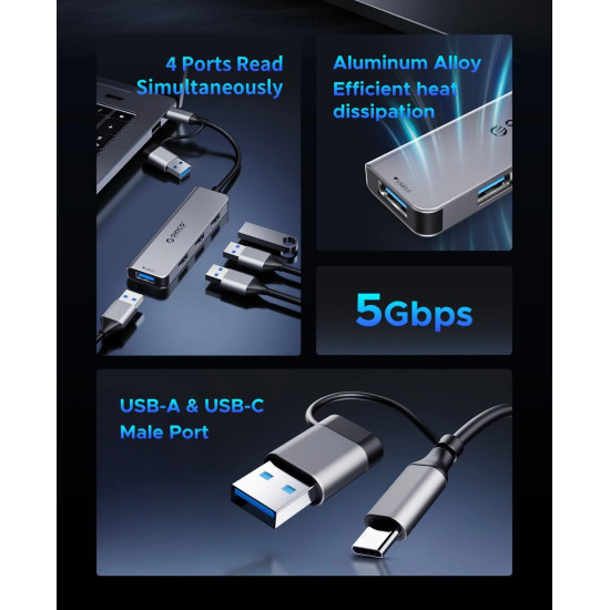 USB хъб Orico HUB USB-C/A 4 port - USB3.0 x 1, SD/TF x 2, USB2.0 x 2, USB-C x 2, Aluminium - YSA6-U3-GY