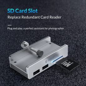 USB хъб Orico USB 3.0 HUB Clip Type 2 port, SD card reader - aux Micro-USB power input, Aluminum - MH2AC-U3-SV