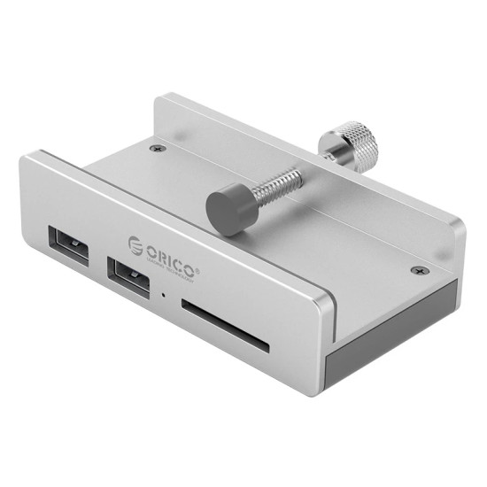 USB хъб Orico USB 3.0 HUB Clip Type 2 port, SD card reader - aux Micro-USB power input, Aluminum - MH2AC-U3-SV