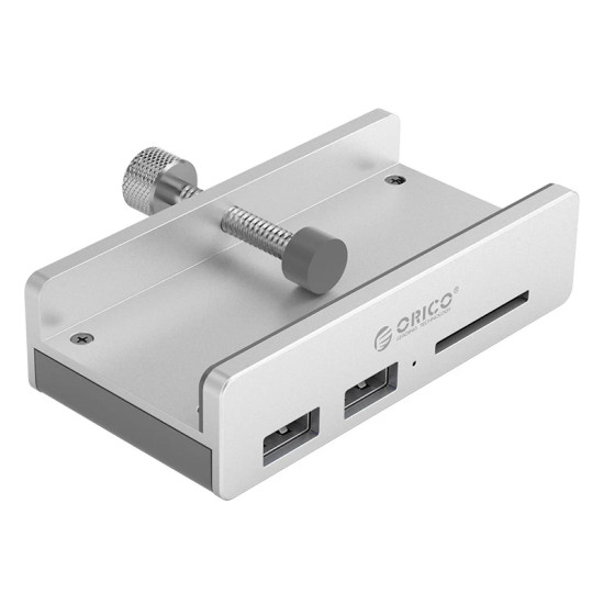 USB хъб Orico USB 3.0 HUB Clip Type 2 port, SD card reader - aux Micro-USB power input, Aluminum - MH2AC-U3-SV