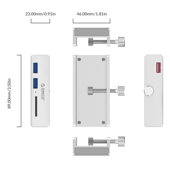 USB хъб Orico USB 3.0 HUB Clip Type 2 port, SD card reader - aux Micro-USB power input, Aluminum - MH2AC-U3-SV