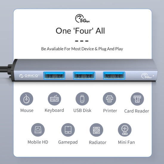 USB хъб Orico USB3.0/2.0 HUB 4 port - Type-C input - AH-13-GY