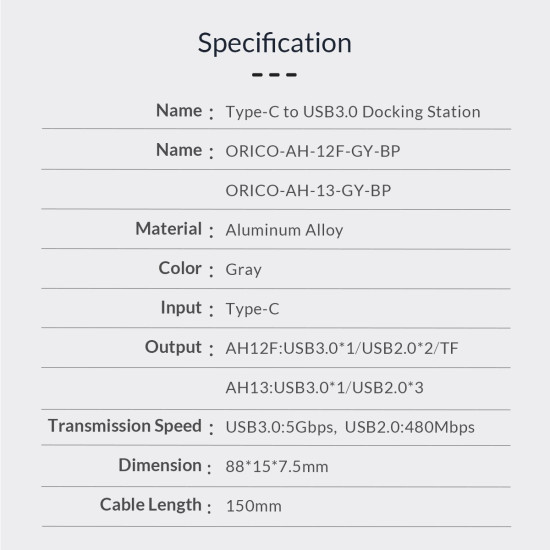 USB хъб Orico USB3.0/2.0 HUB 4 port - Type-C input - AH-13-GY