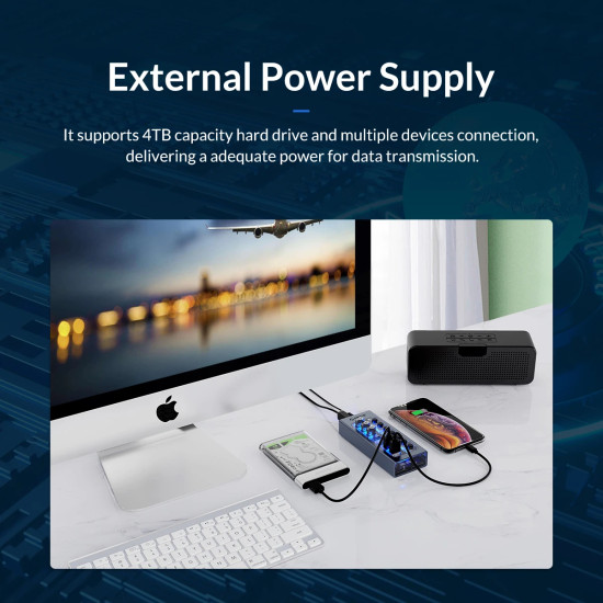 USB хъб Orico USB3.0 HUB 7 Port + Power Adapter, On/Off Buttons, Aluminium - AT2U3-7AB-EU-GY