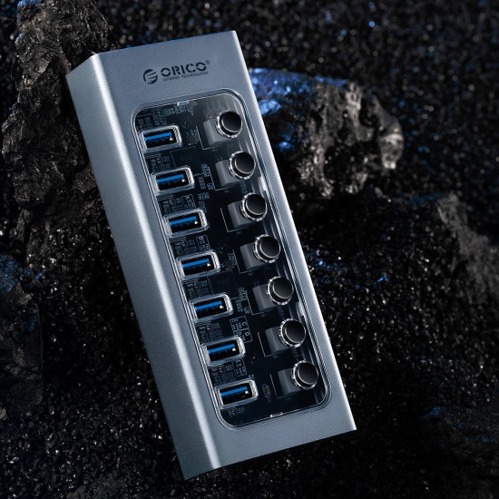 USB хъб Orico USB3.0 HUB 7 Port + Power Adapter, On/Off Buttons, Aluminium - AT2U3-7AB-EU-GY