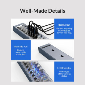 USB хъб Orico USB3.0 HUB 7 Port + Power Adapter, On/Off Buttons, Aluminium - AT2U3-7AB-EU-GY