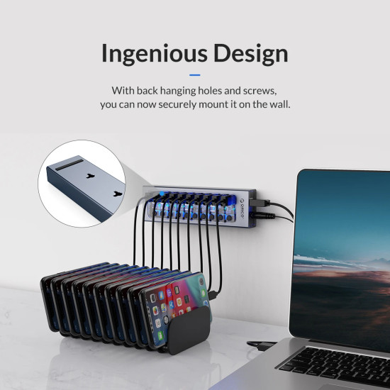 USB хъб Orico USB3.0 HUB 7 Port + Power Adapter, On/Off Buttons, Aluminium - AT2U3-7AB-EU-GY