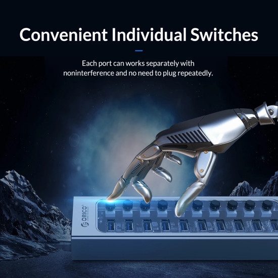 USB хъб Orico USB3.0 HUB 7 Port + Power Adapter, On/Off Buttons, Aluminium - AT2U3-7AB-EU-GY