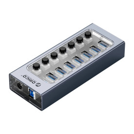 USB хъб Orico USB3.0 HUB 7 Port + Power Adapter, On/Off Buttons, Aluminium - AT2U3-7AB-EU-GY