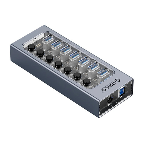 USB хъб Orico USB3.0 HUB 7 Port + Power Adapter, On/Off Buttons, Aluminium - AT2U3-7AB-EU-GY