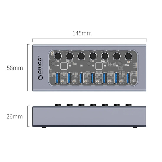 USB хъб Orico USB3.0 HUB 7 Port + Power Adapter, On/Off Buttons, Aluminium - AT2U3-7AB-EU-GY