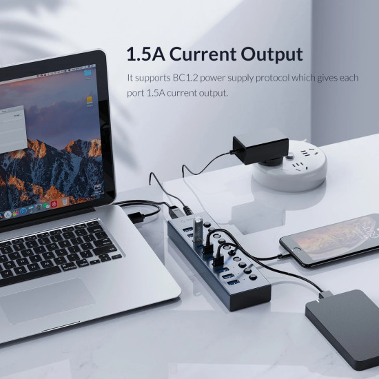 USB хъб Orico USB3.0 HUB 7 Port + Power Adapter, On/Off Buttons, Aluminium - BT2U3-7AB-EU-GY
