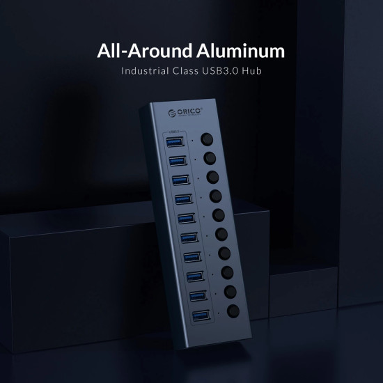 USB хъб Orico USB3.0 HUB 7 Port + Power Adapter, On/Off Buttons, Aluminium - BT2U3-7AB-EU-GY