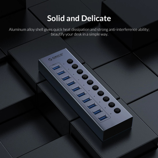 USB хъб Orico USB3.0 HUB 7 Port + Power Adapter, On/Off Buttons, Aluminium - BT2U3-7AB-EU-GY