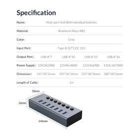 USB хъб Orico USB3.0 HUB 7 Port + Power Adapter, On/Off Buttons, Aluminium - BT2U3-7AB-EU-GY